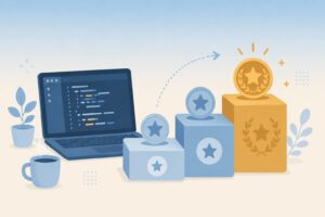 Java資格の3段階 Bronze Silver Gold のメダルとノートPCのコード