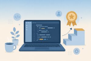 Javaプログラミングの資格取得イメージ ノートPCのコードと表彰メダルとステップアップ
