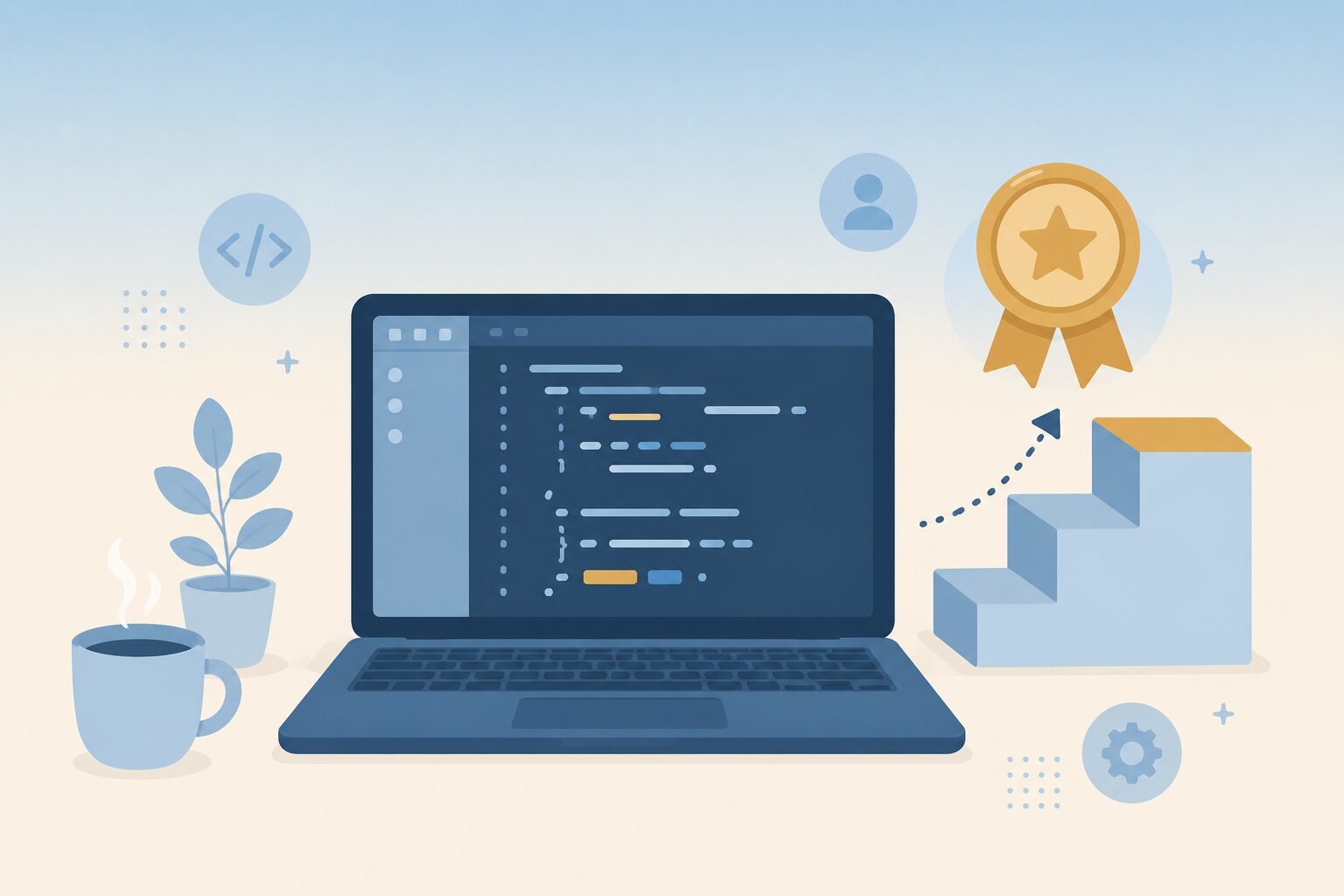Javaプログラミングの資格取得イメージ ノートPCのコードと表彰メダルとステップアップ